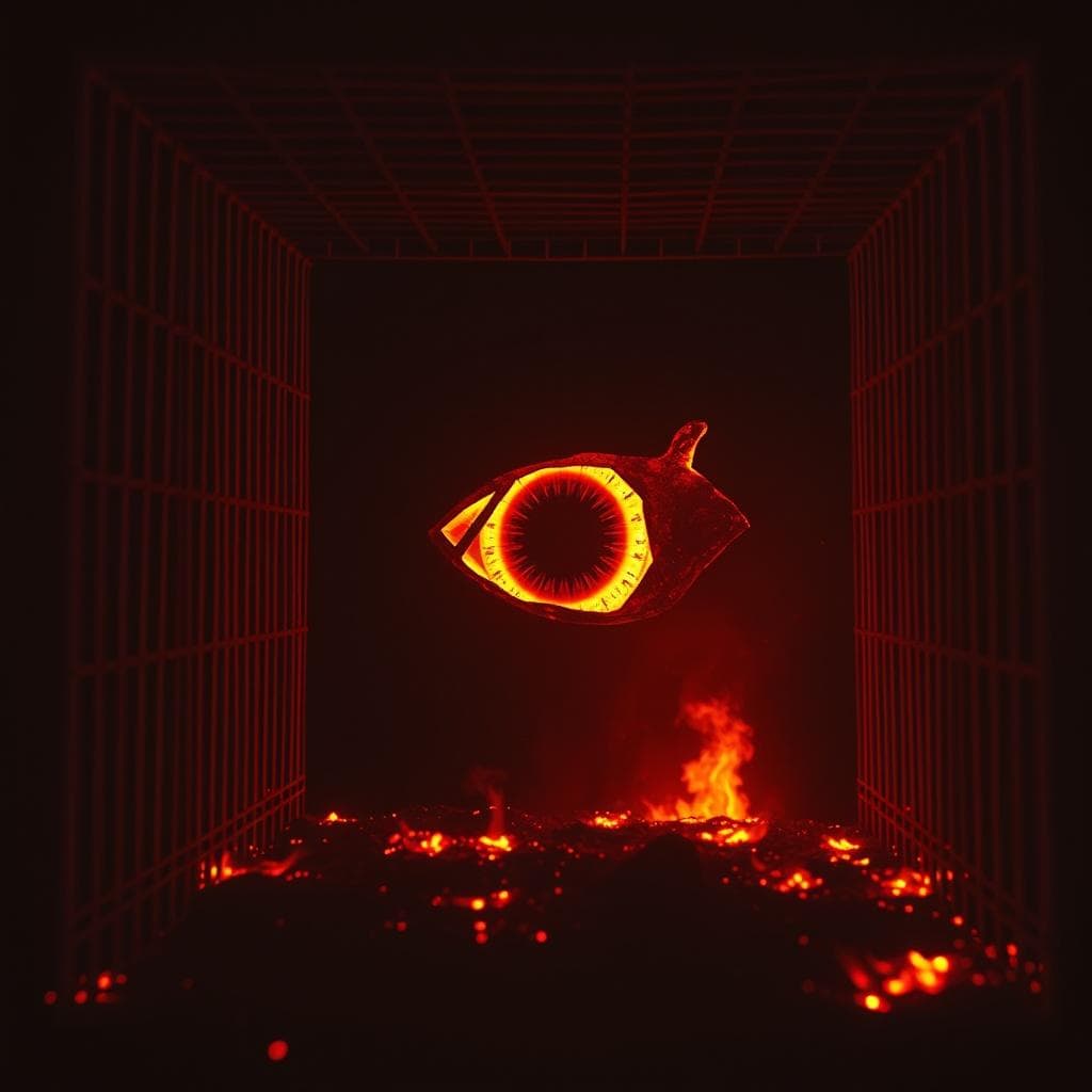 Transmission Lost single artwork: a glowing eye inside a dark grid above embers