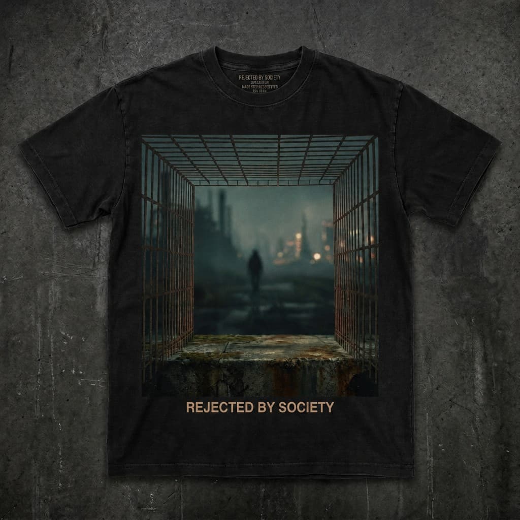 Washed black tee with a square graphic of a figure beyond rusted bars and REJECTED BY SOCIETY lettering, on dark concrete.