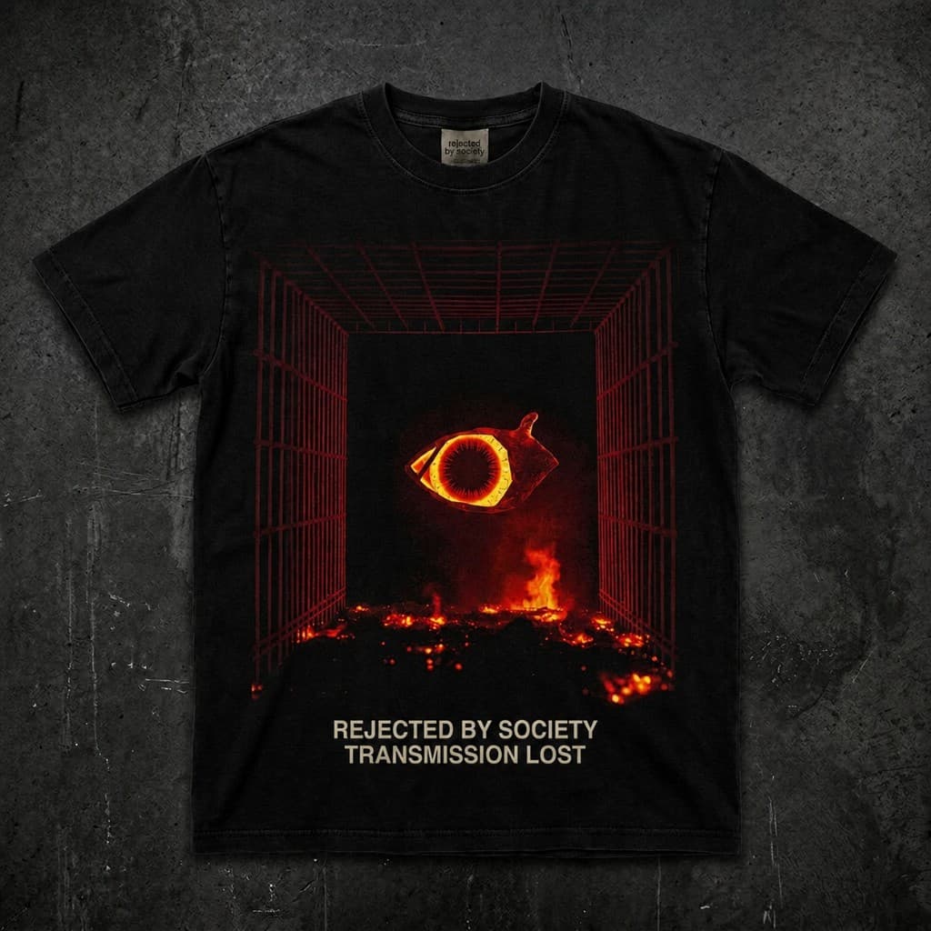 Washed black tee with the Transmission Lost chest print, laid flat on a dark asphalt grey backdrop.