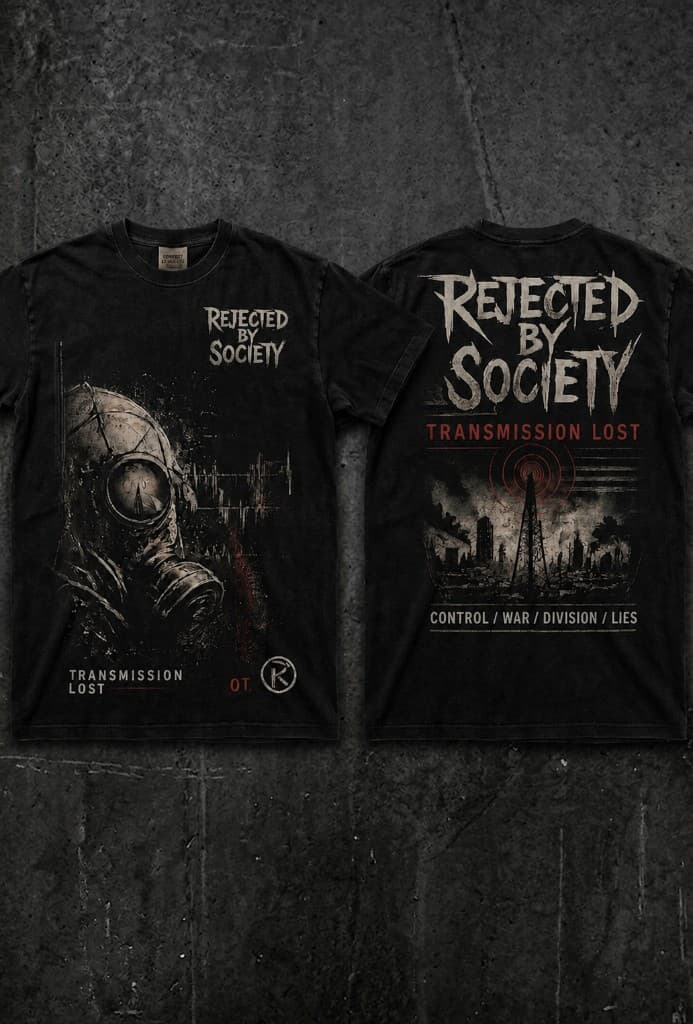 Black t-shirt mockup showing front and back of the Transmission Lost design on a concrete background.