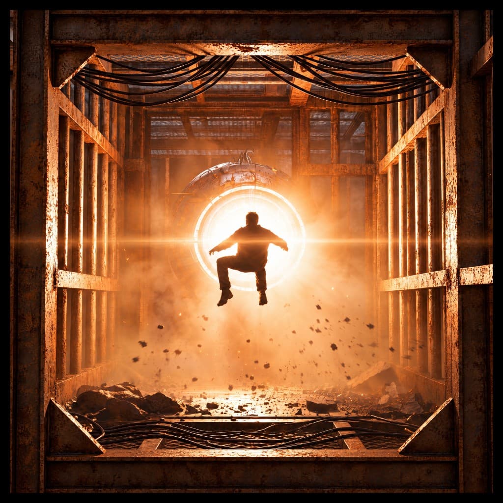 Figure floating toward a glowing portal inside a rusted industrial cage