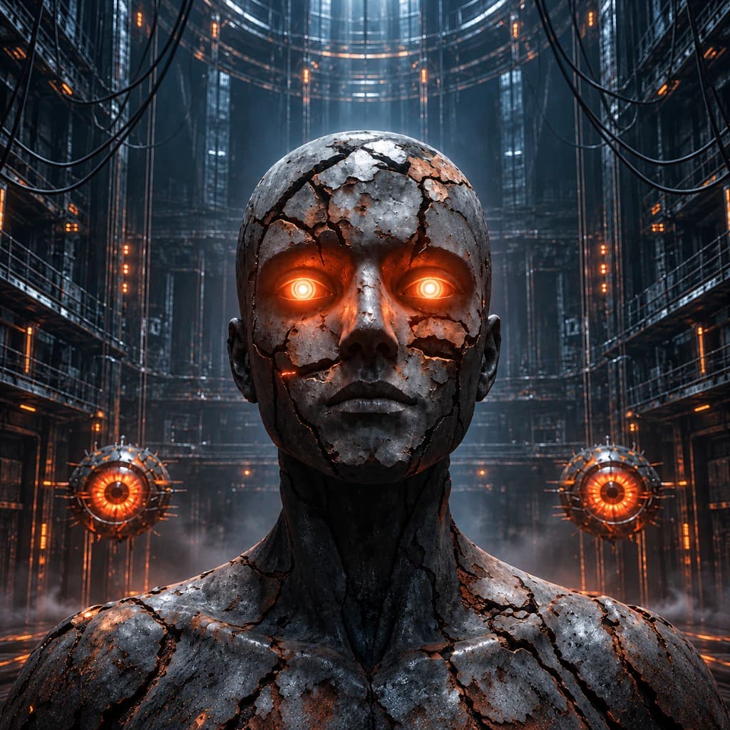 Cracked humanoid figure with glowing orange eyes inside an industrial hangar