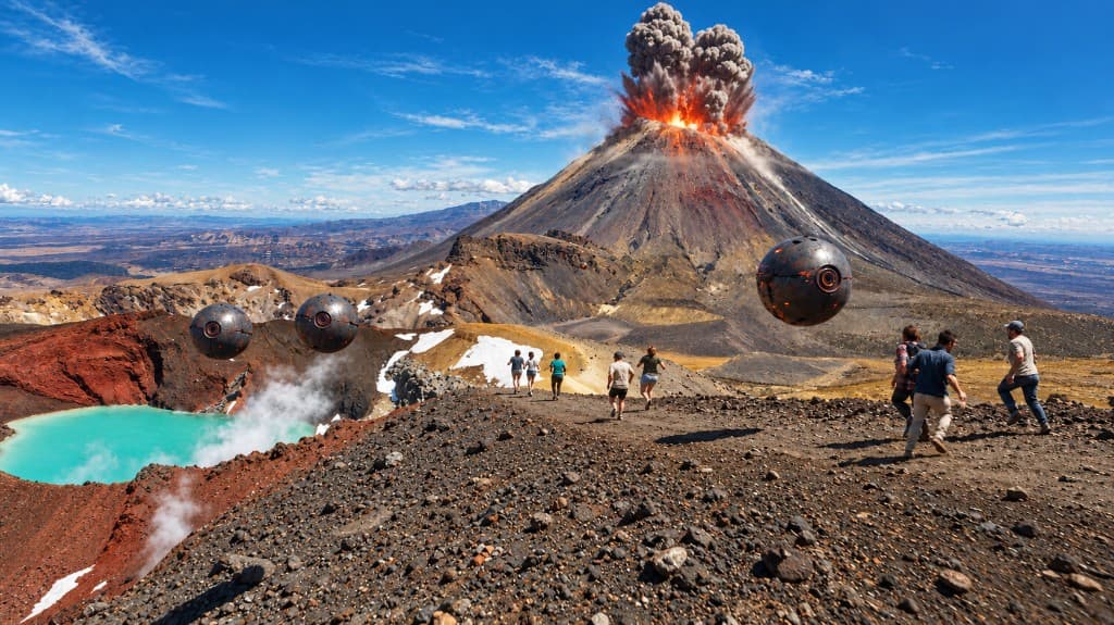 Hikers and floating machines beneath an erupting volcano