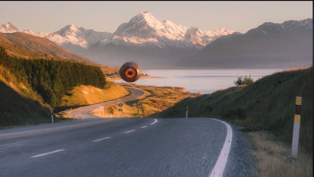 Glowing eye machine hovering above a mountain road